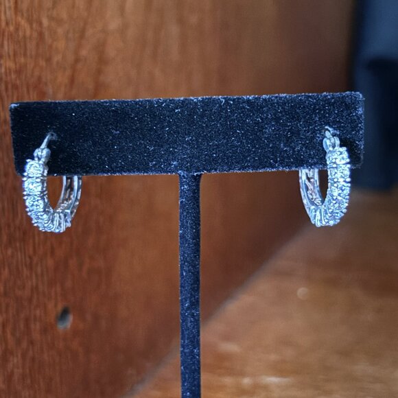 Sterling Silver CZ Hoop Earrings 925 DQ Sparkle Hinged - Picture 4 of 5